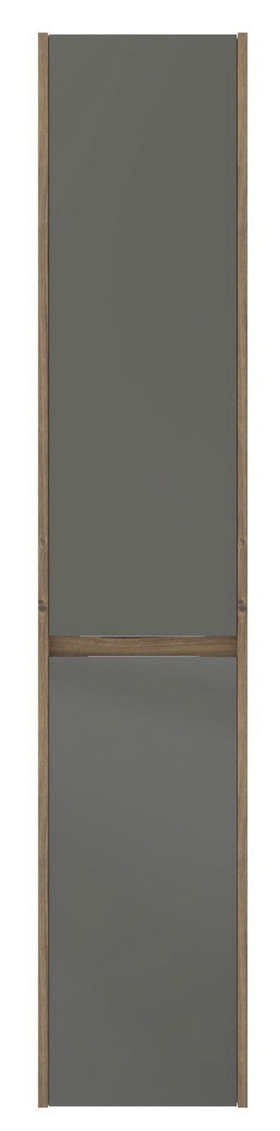 Hochschrank in grauer Frontansicht mit Holzrahmen, 33 cm tief