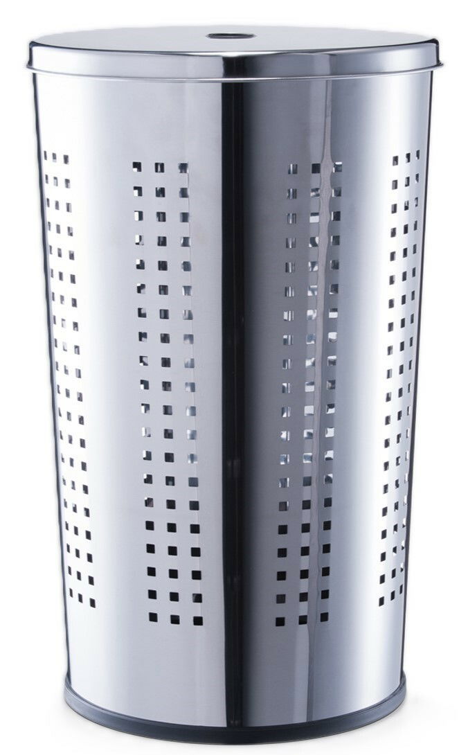 Silberner Wäschesammler aus Metall mit quadratischen Lüftungslöchern, seitliche Perspektive