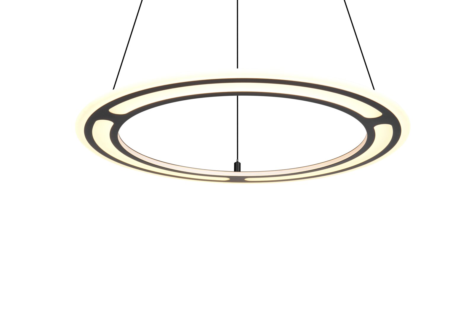 Moderne runde Pendelleuchte aus der Seitenperspektive, mit einem eleganten, offenen Design und warmem Licht.