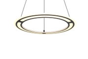 Moderne ronde hanglamp gezien vanuit de zijkant, met een elegant, open ontwerp en warm licht.