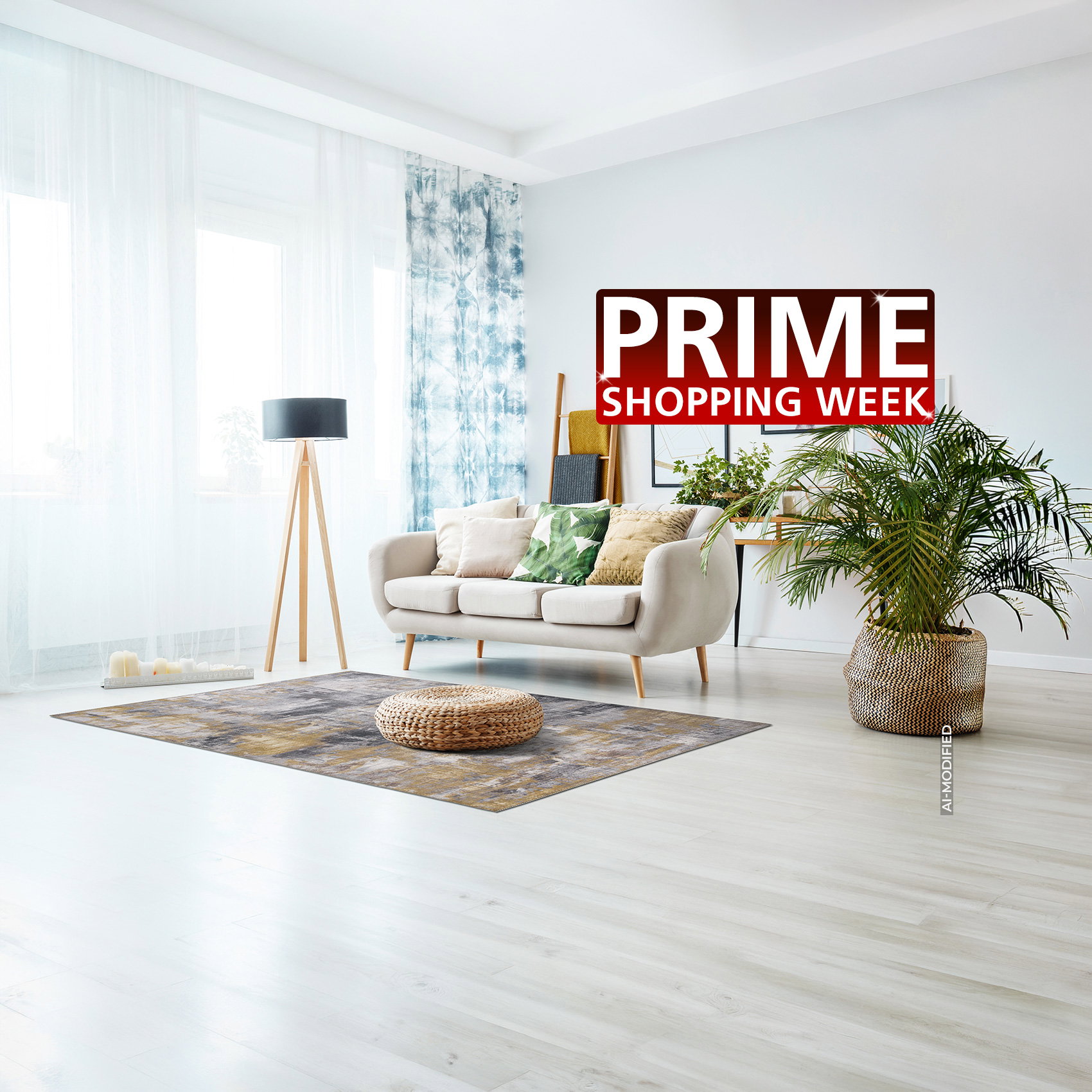 AI-modified: Helles Wohnzimmer mit Sofa, Teppich, Stehlampe und großer Zimmerpflanze; „Prime Shopping Week“-Logo.