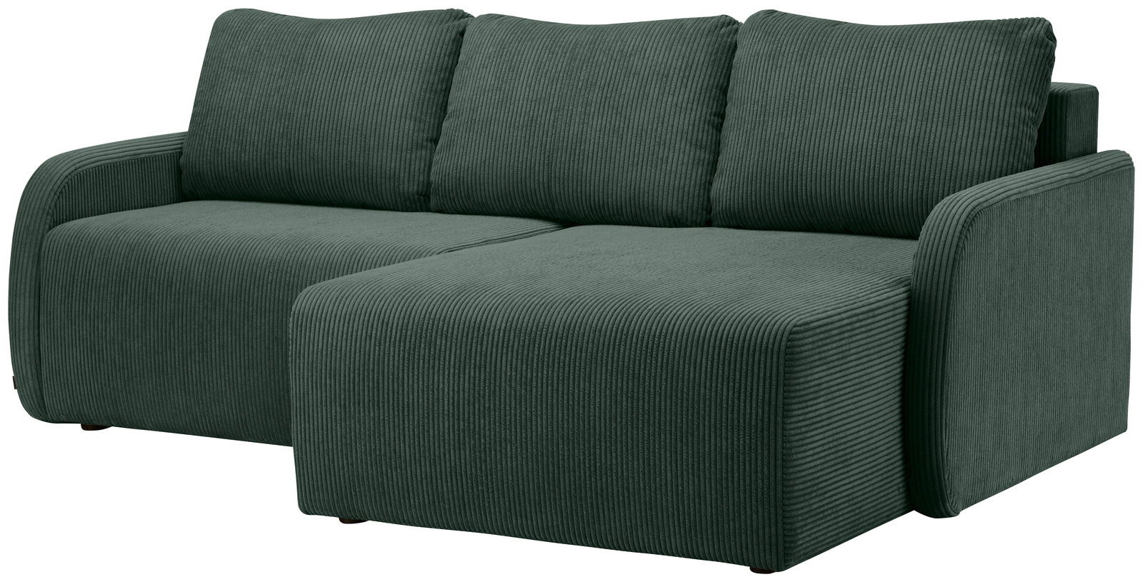 Grünes Sofa mit drei Kissen, Vorderansicht von links