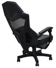 Rückansicht eines ergonomischen Gaming-Stuhls mit Netzrückenlehne und verstellbaren Armlehnen.