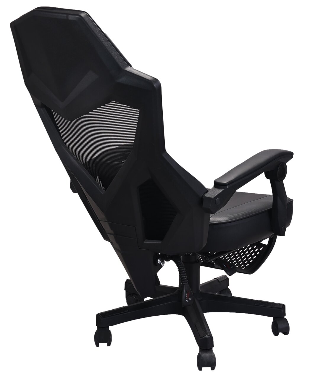 Achterkant van een ergonomische gamingstoel met een rugleuning van gaas en verstelbare armleuningen.