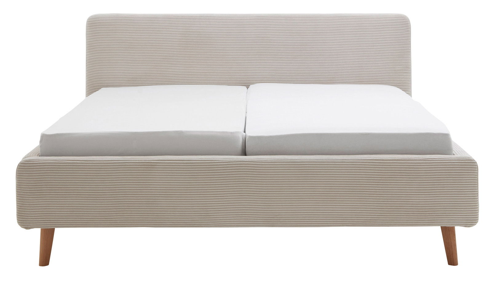 Frontale Ansicht eines Polsterbettgestells mit hellgrauem Stoffbezug und Holzbeinen.