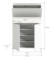 Weißer Schuhschrank mit mehreren Fächern und Klappen, frontale Ansicht, Maße angegeben.