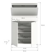 Weißer Schuhschrank mit mehreren Fächern und Klappen, frontale Ansicht, Maße angegeben.