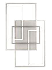 Moderne LED-Deckenleuchte mit geometrischem Design aus überlappenden rechteckigen Rahmen, Ansicht von vorne.