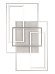 Moderne LED-Deckenleuchte mit geometrischem Design aus überlappenden rechteckigen Rahmen, Ansicht von vorne.