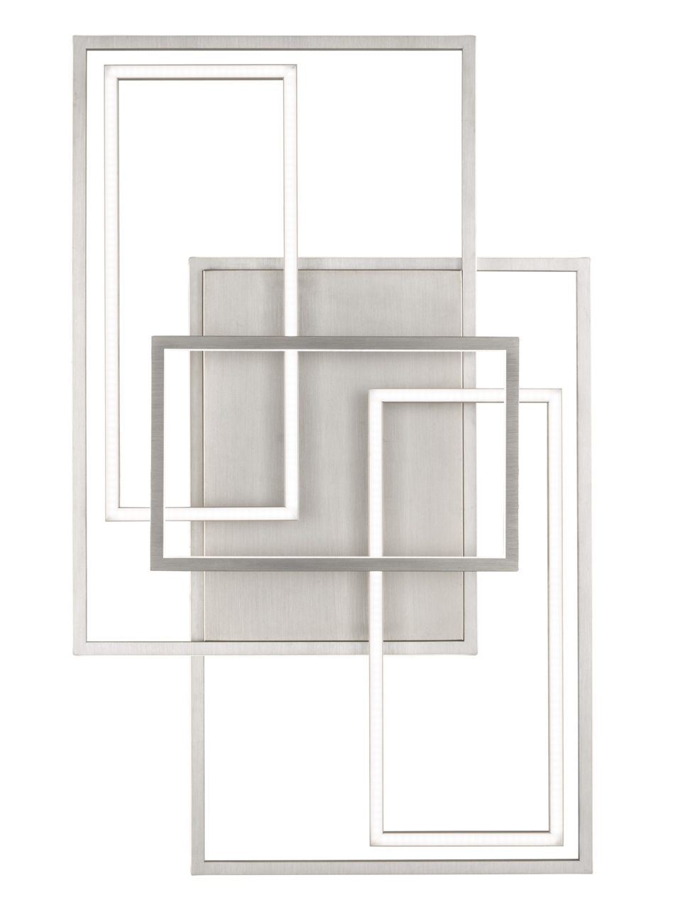 Moderne LED-Deckenleuchte mit geometrischem Design aus überlappenden rechteckigen Rahmen, Ansicht von vorne.