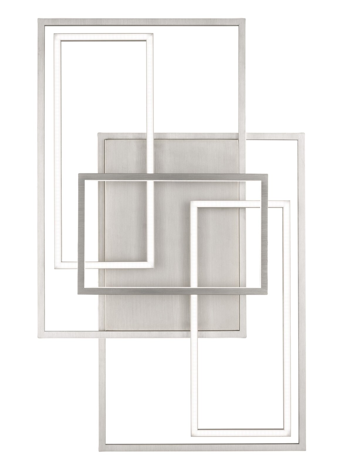 Moderne LED-Deckenleuchte mit geometrischem Design aus überlappenden rechteckigen Rahmen, Ansicht von vorne.