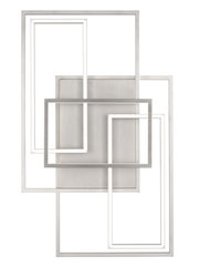 Moderne LED-Deckenleuchte mit geometrischem Design aus überlappenden rechteckigen Rahmen, Ansicht von vorne.