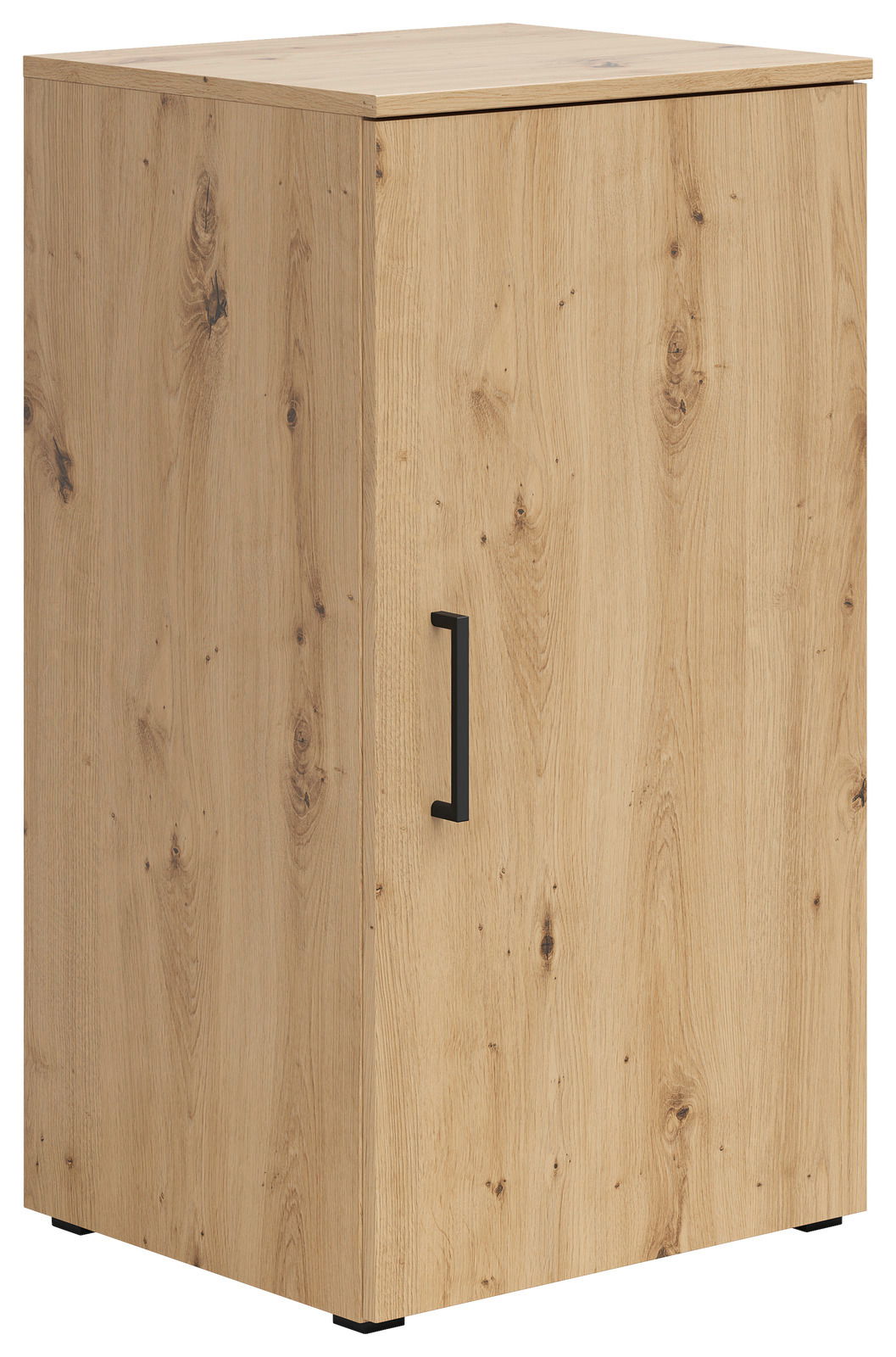 Holzkommode mit einer Tür und schwarzem Griff, seitliche Perspektive