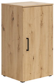 Holzkommode mit einer Tür und schwarzem Griff, seitliche Perspektive