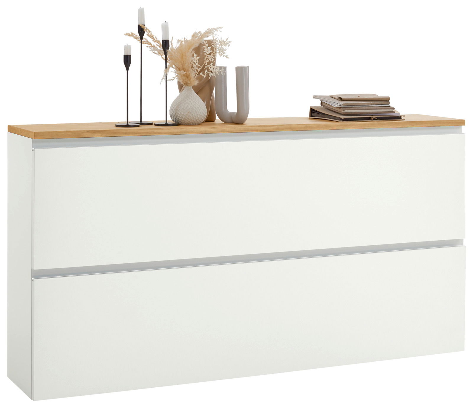 Dieter Knoll Hängeschuhschrank SORRENT Moderner Hängeschuhschrank in Weiß mit Holzoberfläche, dekoriert mit Kerzen und Vasen, seitliche Perspektive