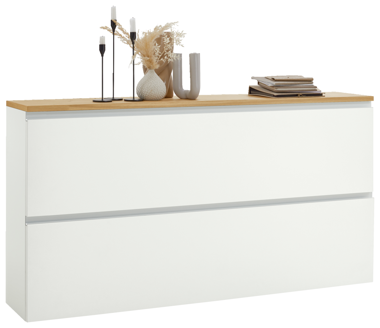 Dieter Knoll Hängeschuhschrank SORRENT Moderner Hängeschuhschrank in Weiß mit Holzoberfläche, dekoriert mit Kerzen und Vasen, seitliche Perspektive