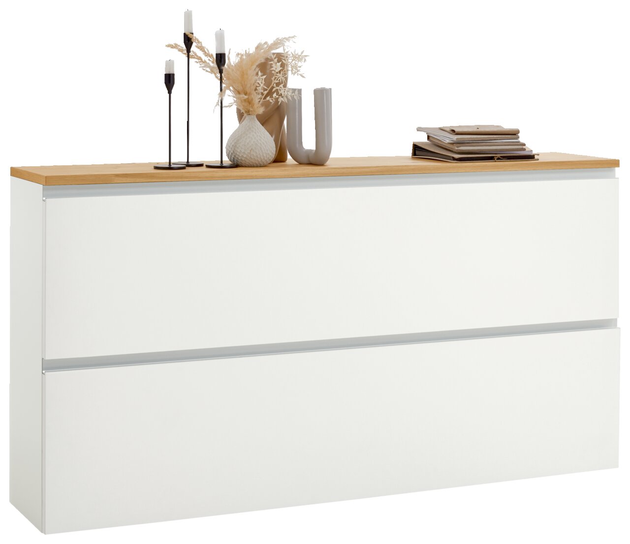 Dieter Knoll Hängeschuhschrank SORRENT Moderner Hängeschuhschrank in Weiß mit Holzoberfläche, dekoriert mit Kerzen und Vasen, seitliche Perspektive