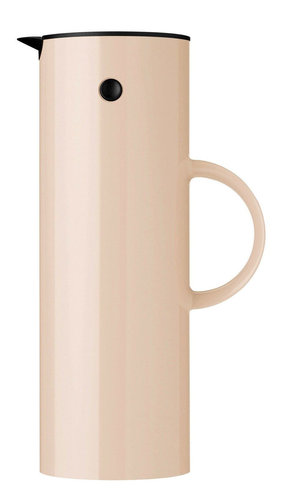Stelton Isolierkanne Seitenansicht der EM77 Isolierkanne, 1L, in der Farbe Weizen mit schwarzem Deckel und Ausguss.