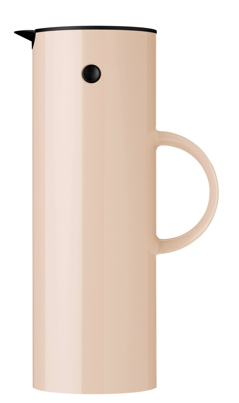Stelton Isolierkanne Seitenansicht der EM77 Isolierkanne, 1L, in der Farbe Weizen mit schwarzem Deckel und Ausguss.