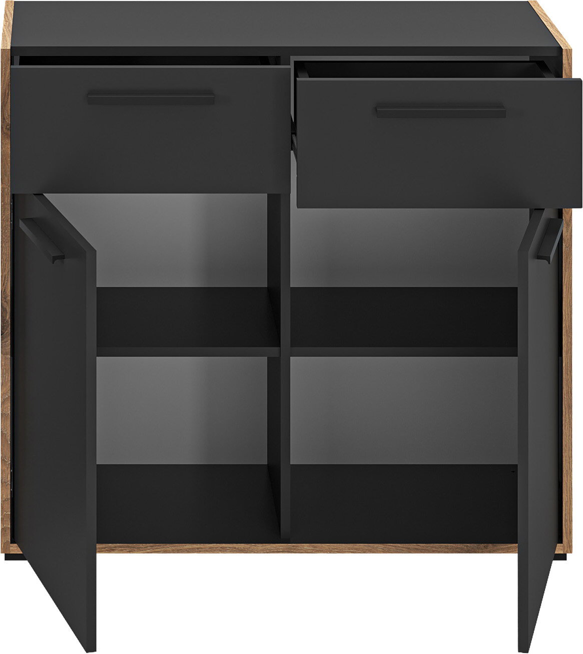 Schwarzer Badezimmerschrank/Waschtischunterschrank mit Holzrahmen, zwei Schubladen oben und zwei geöffneten Türen mit Innenfächern, Frontansicht leicht von oben