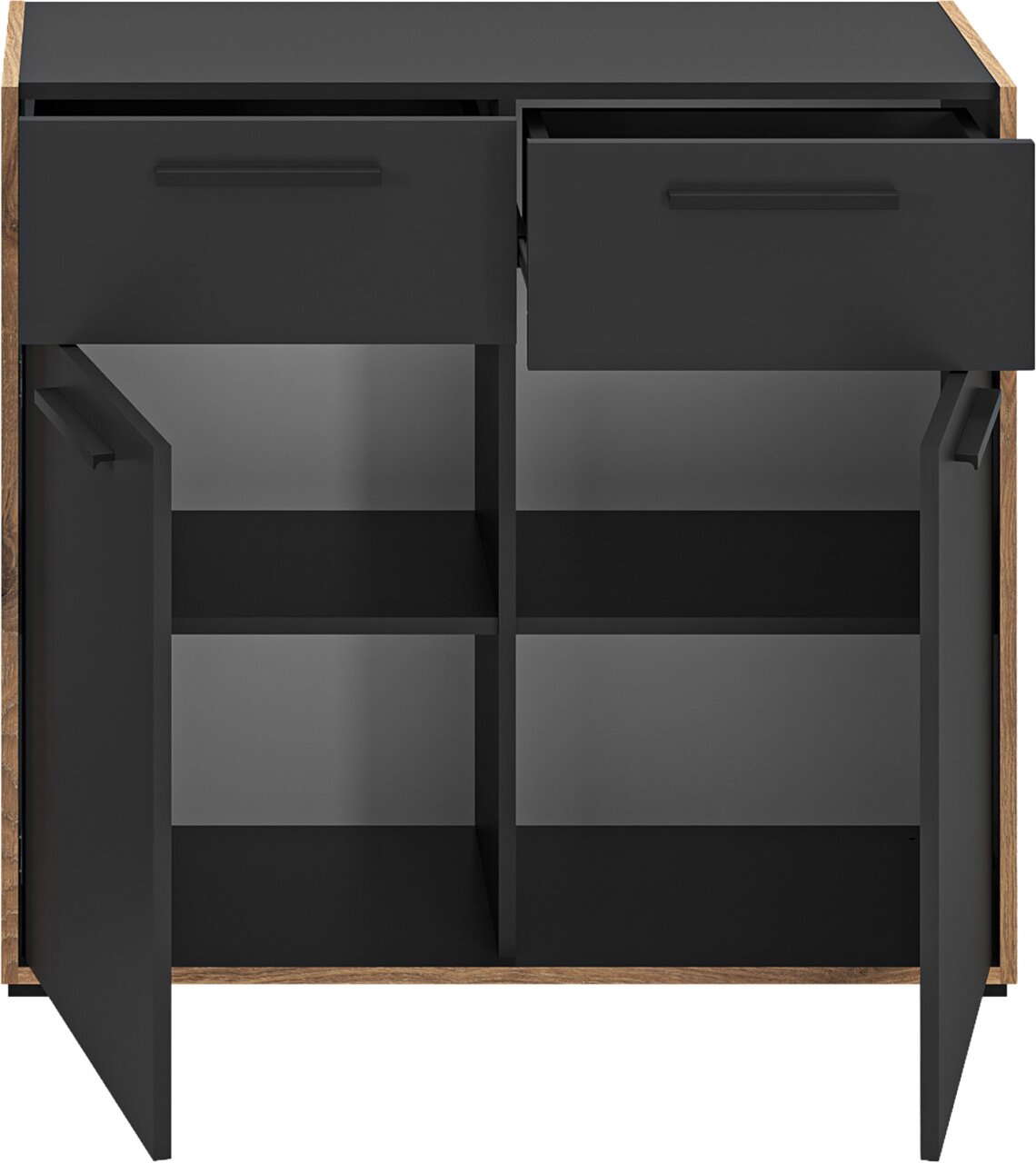 Schwarzer Badezimmerschrank/Waschtischunterschrank mit Holzrahmen, zwei Schubladen oben und zwei geöffneten Türen mit Innenfächern, Frontansicht leicht von oben