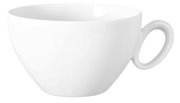 Weiße Milchkaffeetasse mit Henkel, seitliche Perspektive