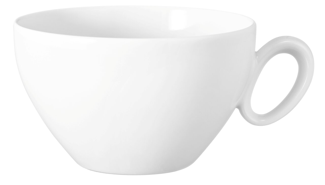 Weiße Milchkaffeetasse mit Henkel, seitliche Perspektive