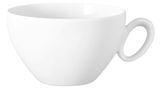 Weiße Milchkaffeetasse mit Henkel, seitliche Perspektive