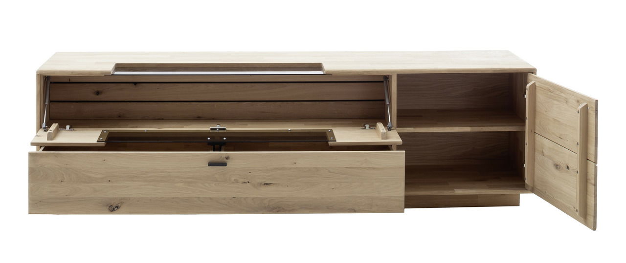 Frontale Ansicht eines Linea Natura Lowboards GEORGIA aus Holz mit geöffneten Fächern und Schubladen.