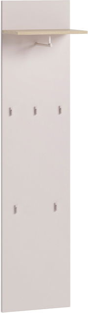 Garderobenpaneel in hellem Holzton mit mehreren Haken und einem oberen Regalbrett, seitliche Perspektive