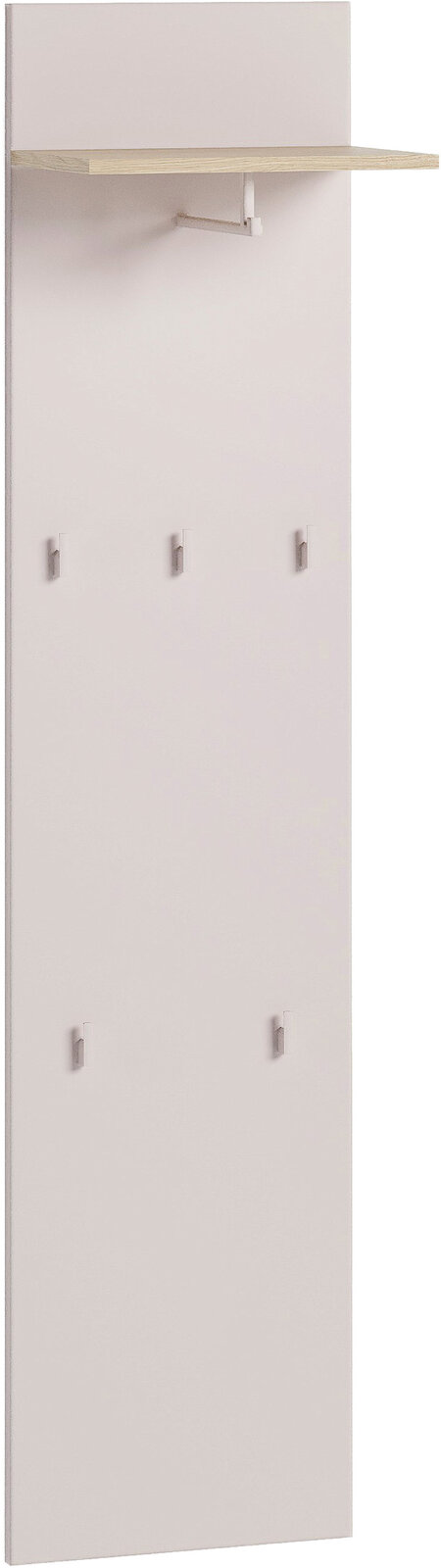 Voleo Garderobenpaneel lang Garderobenpaneel in hellem Holzton mit mehreren Haken und einem oberen Regalbrett, seitliche Perspektive