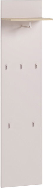 Garderobenpaneel in hellem Holzton mit mehreren Haken und einem oberen Regalbrett, seitliche Perspektive