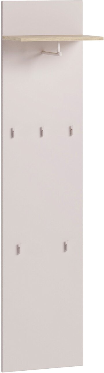 Garderobenpaneel in hellem Holzton mit mehreren Haken und einem oberen Regalbrett, seitliche Perspektive