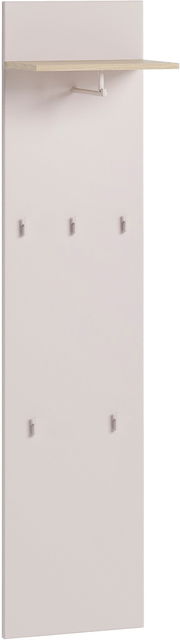 Garderobenpaneel in hellem Holzton mit mehreren Haken und einem oberen Regalbrett, seitliche Perspektive