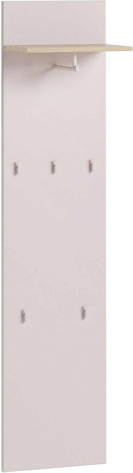 Garderobenpaneel in hellem Holzton mit mehreren Haken und einem oberen Regalbrett, seitliche Perspektive