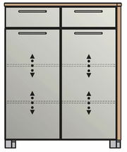 Schuhkommode mit zwei oberen Schubladen und vier unteren Klappen, Frontansicht