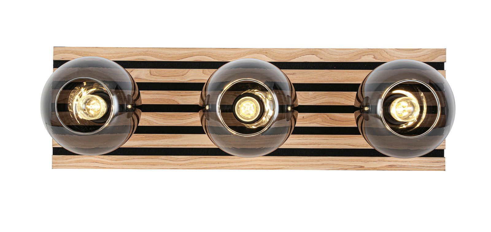 Deckenleuchte mit drei runden Glaskugeln auf einem rechteckigen Holzbrett, Ansicht von oben