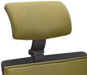 Grüne Kopfstütze eines Drehstuhls, seitliche Perspektive