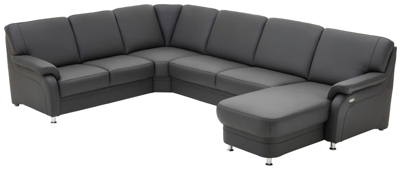 Graue Polsterrundecke in L-Form mit Blick von schräg vorne