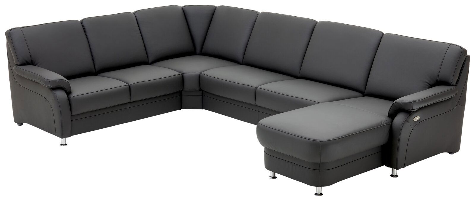 Graue Polsterrundecke in L-Form mit Blick von schräg vorne