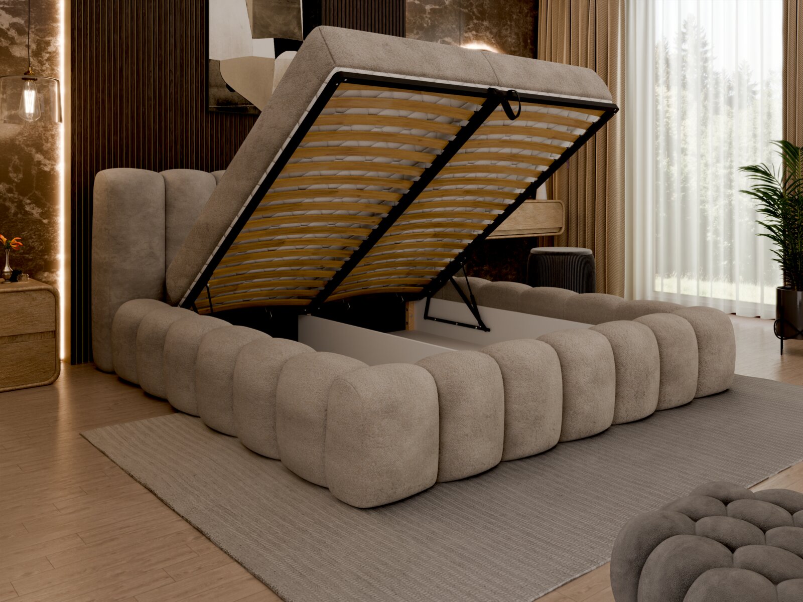 Een boxspring met opklapbaar matras, gezien vanaf de zijkant, modern design in een stijlvolle slaapkamer.