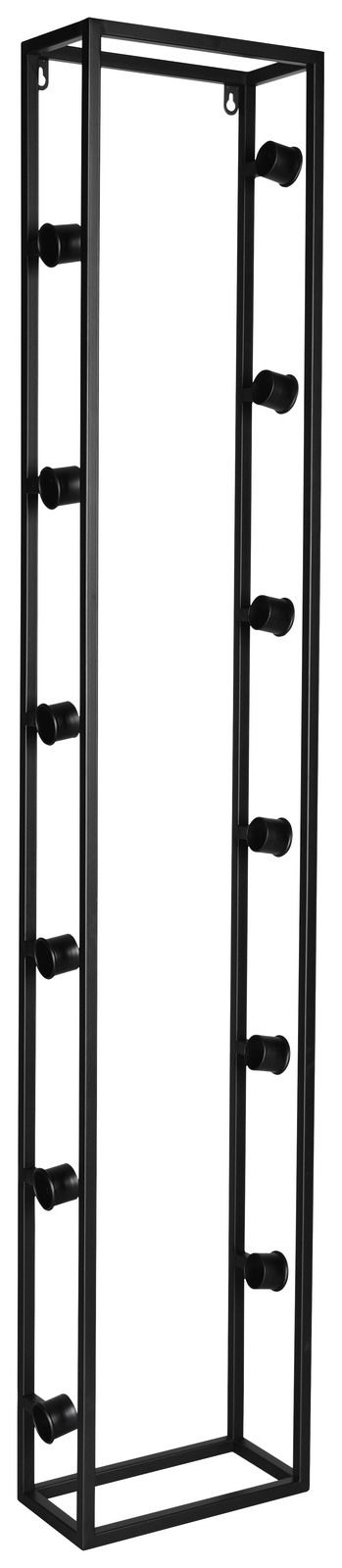 Schwarzes, großes Weinregal aus Metall mit seitlicher Perspektive, geeignet zur Wandmontage.