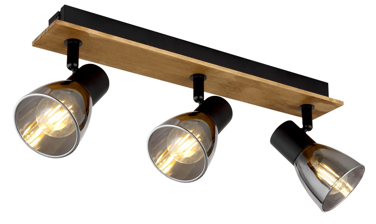 Globo Lighting Strahler CLAUDE Dreifacher Deckenstrahler mit Holzleiste und schwarzen Fassungen, seitliche Perspektive