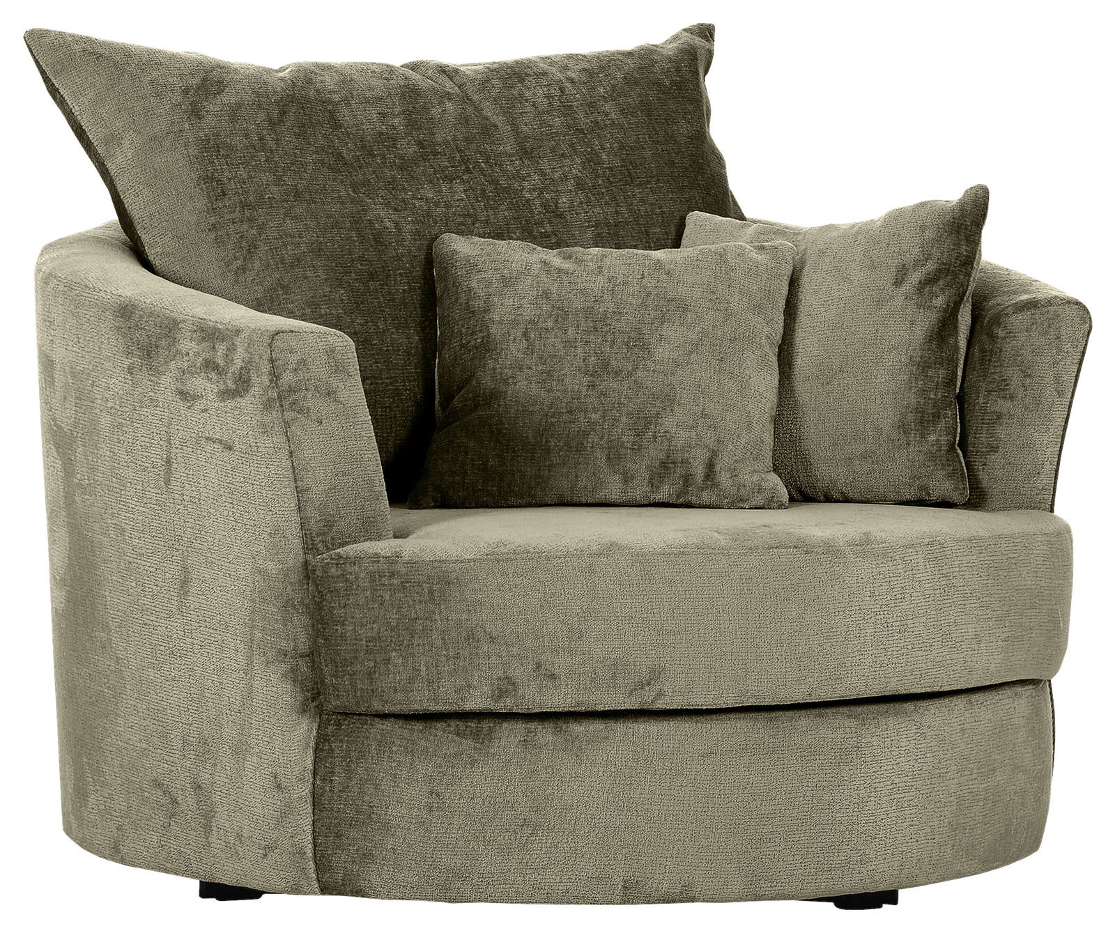 Grüner Sessel mit runder Form und zwei Kissen, seitliche Perspektive