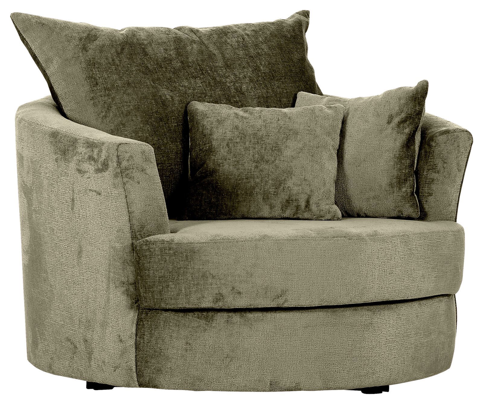 Z2 Sessel LENI Grüner Sessel mit runder Form und zwei Kissen, seitliche Perspektive