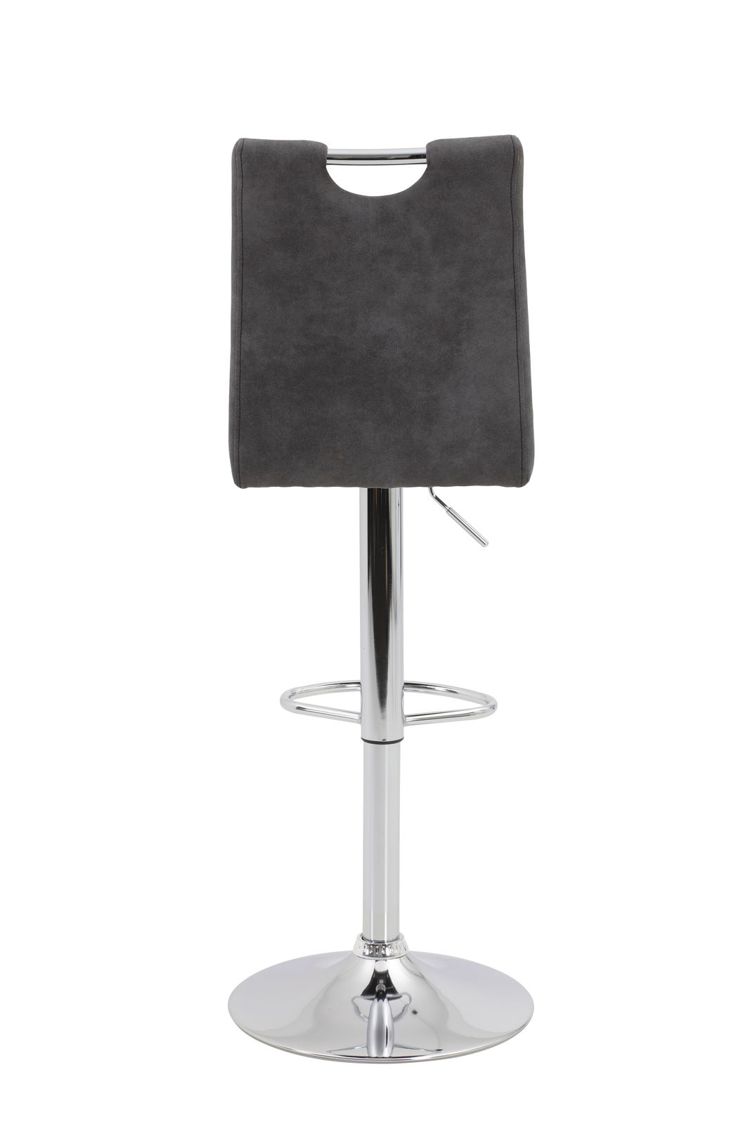 Barhocker MIRANDA in grauem Stoff mit verchromtem Gestell, Ansicht von hinten