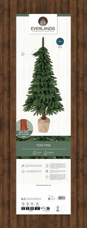 Künstlicher Weihnachtsbaum Tora Kiefer, 240 cm hoch, mit realistischem Nadel-Look und echtem Holzstamm, frontal abgebildet.