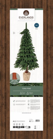 Künstlicher Weihnachtsbaum Tora Kiefer, 240 cm hoch, mit realistischem Nadel-Look und echtem Holzstamm, frontal abgebildet.