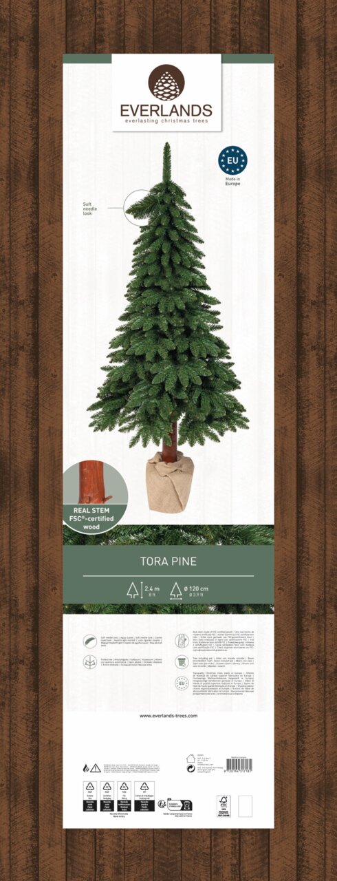 Kunstkerstboom Tora-den, 240 cm hoog, met realistisch naaldblad en een stam van echt hout, afgebeeld in vooraanzicht.