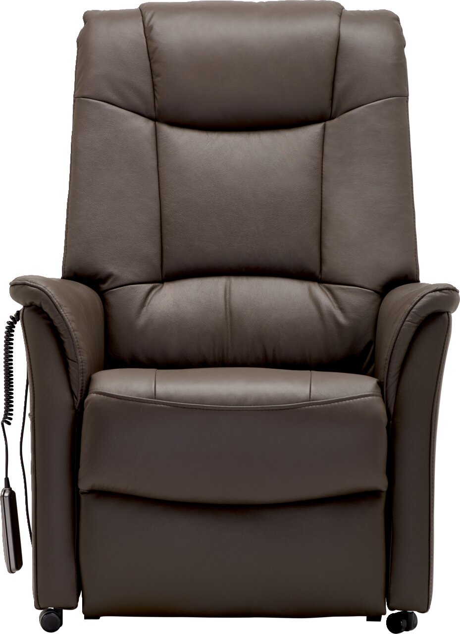 Brauner Fernsehsessel aus Leder, frontal fotografiert, mit Fernbedienung an der Seite.